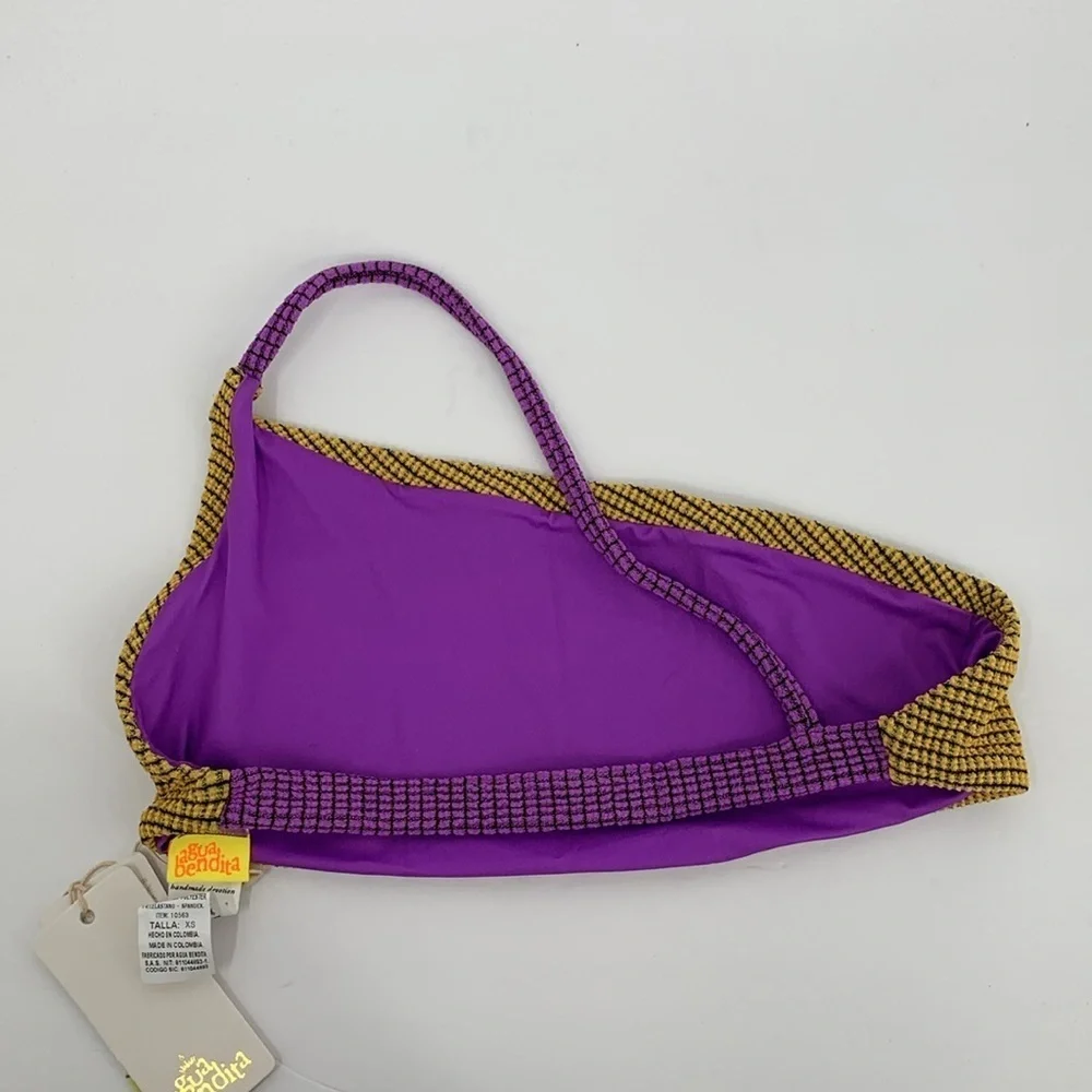 Agua Bendita Pacifico Tulip vini one shoulder bikini top swim gold purple new XS